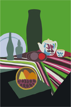 Decorative still life in green tones, striped tablecloth, bottles, fruit basket, plates, tea set, teapot, cups, grapes, oranges, pear. Hand drawing, creative work