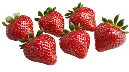 Png of A vibrant cluster of six ripe strawberries showcasing their bright red color and fresh green leaves on transparent background.