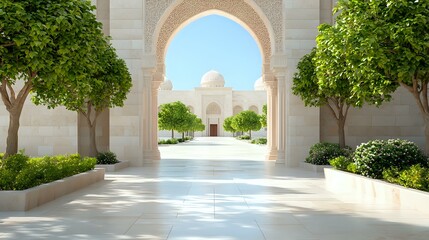 Obraz premium Majestic view of white marble mosque through ornate archway, framed by green trees and landscaped garden path, creating symmetrical architectural perspective.