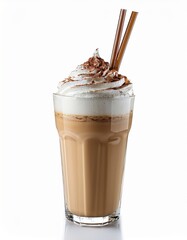 Creamy iced coffee frappe with whipped cream and chocolate in tall glass