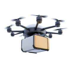 A Futuristic Flying Drone with Camera Transporting Cargo Isolated on Transparent Background