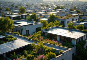 Rooftop gardens with solar panels in a modern urban landscape