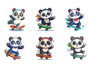 Six cute pandas skateboarding Each panda has a unique style and colorful skateboard. Fun, playful, and adorable cartoon illustration. Perfect for kids