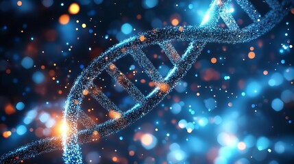 Abstract dna structure with glowing particles and bokeh lights in a dark blue background design