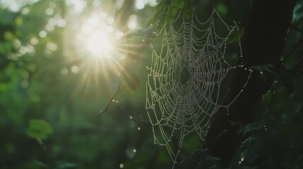 Close up view of a spider web adorned with dew drops sparkling in sunlight within nature