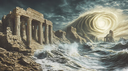 Ancient ruins of a forgotten civilization swallowed by a cataclysmic event. Swallowed Past. Illustration