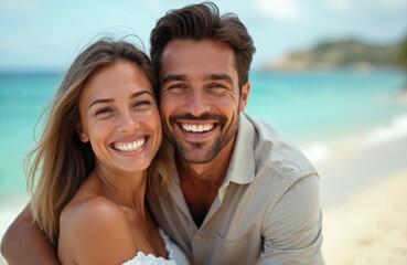 Obraz premium Cheerful couple enjoys vacation on tropical beach. Man hugs woman. Happy smiling faces show true emotion. Romantic travel together. Beautiful woman, handsome man portrait.