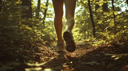 Dynamic runner s legs captured in sunlight while sprinting along a picturesque forest trail