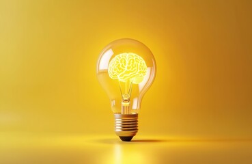 Bright light bulb features glowing brain on yellow background. Creative idea concept, innovation, intelligence, education, business. Symbol of new technology, artificial intelligence, idea