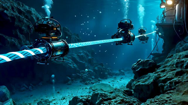 Underwater cable installation operation with robotic machines on ocean floor