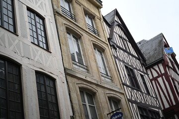 Old half-timbered building decorated with French flags and green plants. Historic architecture in France, traditional European city street view.