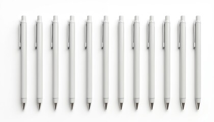 Realistic white pens arranged horizontal on white background. Stationery writing tools for office school or business. Simple modern minimalist design. Brand identity template.