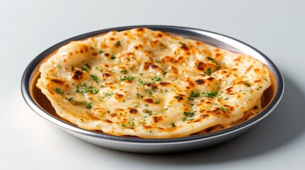A golden-brown naan bread, sprinkled with herbs, rests on a metallic plate. The image is well-lit, showcasing the texture and details of the food. Its a high-quality photo with a simple, clean aesth
