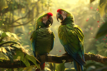 wildlife photography, high-def, realistic wallpaper of two green parrots perched on a tree branch in a forest, with sharp details © SuzeO