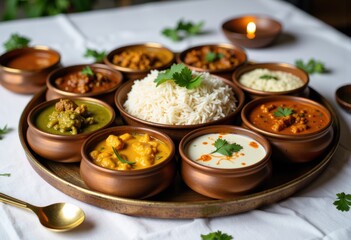 A vibrant platter of traditional Indian dishes with rice and various curries