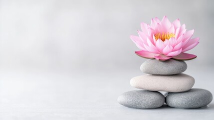 Fototapeta premium A pink lotus flower rests atop a stack of gray and white stones. The image is simple, with a blurred background. Its high-resolution, featuring soft lighting. The style is serene and minimalist. Ca