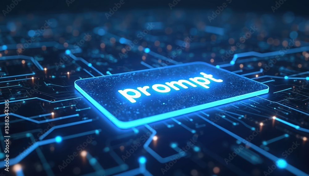 Poster illustration digital prompt interface on futuristic ai background. glowing prompt button over circui