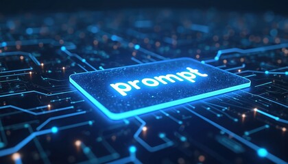 Illustration digital prompt interface on futuristic AI background. Glowing prompt button over circuit board. Concept of data processing technology innovation. Software interface, computer,