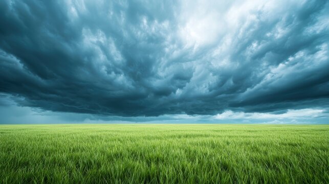 Moody Dark storm clouds rolling over an open field, casting dramatic shadows on the landscape.
