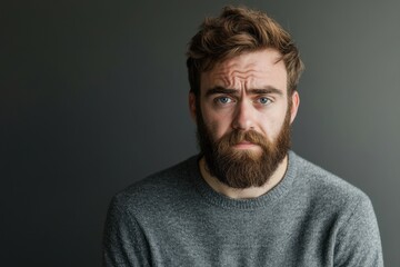 Obraz premium Somber Portrait of Bearded Adult Male Gazing at Camera, Capturing the Essence of Loneliness in Casual Attire