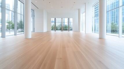 Fototapeta premium Empty modern space with hardwood floors and large windows