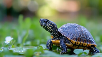 Obraz premium Adorable Little Turtle. A Small Reptile Moving Gracefully with a Beautiful Shell