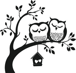 Owl and Tree Silhouette PNG Vector, Wildlife Scene with Birds and Birdhouse PNG Vector, Elegant Dark Tree Illustration PNG Vector, Nature-Inspired Decorative Clipart PNG Vector, High-Quality Transpare