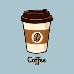 Vector illustration of disposable coffee cup. Single coffee cup icon with lettering. Simple icon on blue background.