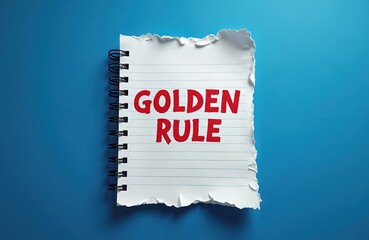 Golden Rule concept written on ripped paper against blue background. White notebook with lines. Red letters. Golden rule ethic concept of treating others as one would like to treated. Philosophy,