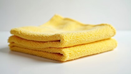 Stacked yellow microfiber cleaning cloths. Soft, fluffy texture. Household item for dusting, wiping, cleaning surfaces. Cleanliness, hygiene, housework concept. Laundry, housework.