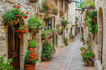 Naklejka premium Charming Italian Village: Vibrant Flower-Filled Streets of Assisi, Enveloped in History and Tuscan Charm