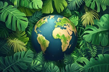 Sustainable Planet: Celebrating Earth Day with a Globe Surrounded by Lush Greenery and Eco-Friendly Elements
