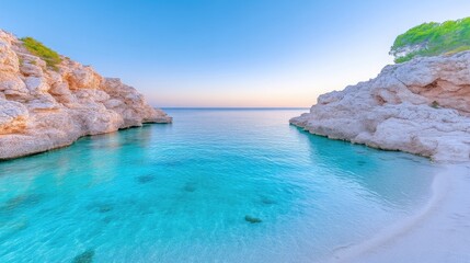 Fototapeta premium The image shows a tranquil cove with clear turquoise water. White rocks frame the beach. The scene is bathed in soft, natural light. The high-resolution image boasts a serene aesthetic. Colors are