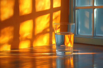 Sunlit Glass of Water Casting Dramatic Shadows by a Window