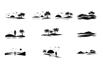 Fototapeta premium Serene tropical island scenes at sunset. Silhouettes of palm trees, birds, and a lone figure walking on the beach create a tranquil mood. Simple black and white design.