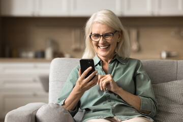 Exciting news. Joyful mature lady retiree sit on sofa at home look at phone screen delighted by text message from beloved person succeeding in online game watch video photo from friend on social media