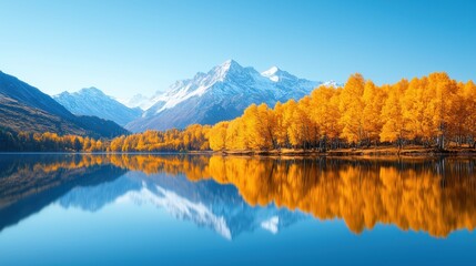 Obraz premium Peak Golden autumn trees covering the slopes of a mountain peak, reflecting in a crystal clear lake.