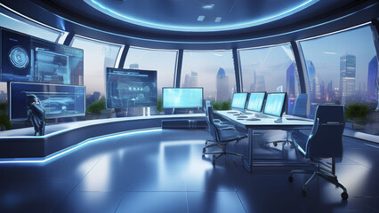 Fototapeta premium Futuristic AI Office with Transparent Displays and Ambient Lights