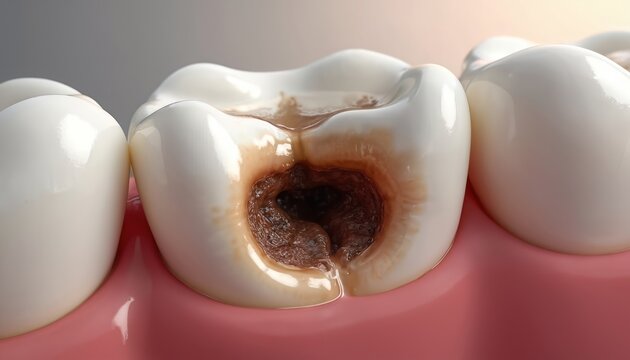 Detailed close-up of dental cavity caused by caries. Image shows tooth decay with dark hole in tooth. Concept for dental health, hygiene, medical, caries, toothache, dentist, caries treatment.