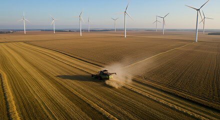 Aerial view of combine harvester harvesting wheat field with wind turbines in the background landscape