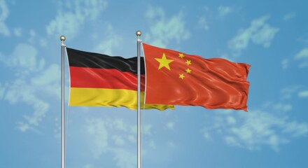 National Flags of Germany and China Flying Side by Side Against a Clear Blue Sky
