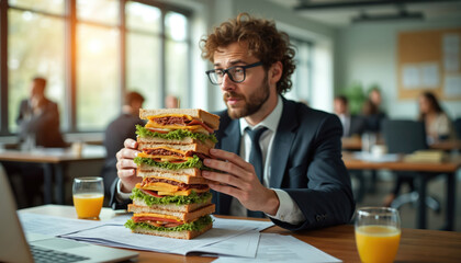 Serious businessman office workplace with huge sandwich at lunch break. Corporate man struggles with sandwich over documents. Funny lunch time concept, humorous work life balance. Office life