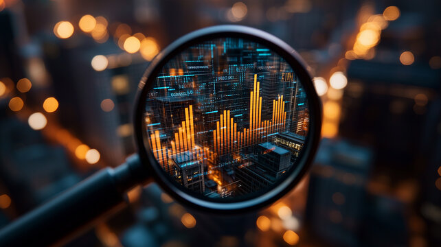 Digital Data Inspection: Magnifying Glass Sharpens Vibrant Orange Bar Charts and Blue Numerical Data on Digital Screen
