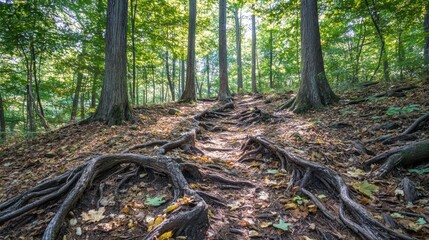Dense forest with sunbeams highlighting twisted roots and fallen leaves beneath towering trees