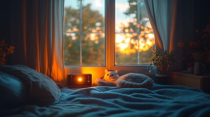 A calm lofi bedroom with an open window, the curtains swaying gently in the breeze, a small radio glowing softly, a cat curled up on a warm blanket,