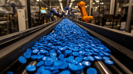 Fototapeta premium Blue Plastic Bottle Caps on Conveyor Belt in Factory