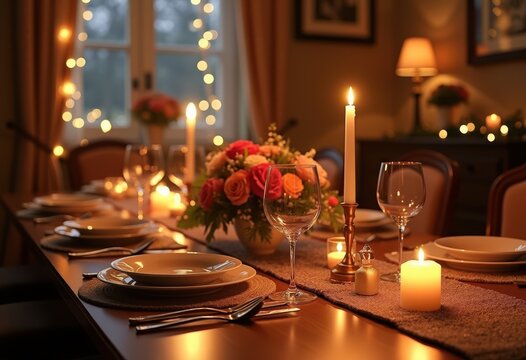 beautiful homemade dinner setup festive decor cozy table setting candlelight elegant atmosphere floral accents dining experience shimmering tablescape, elega