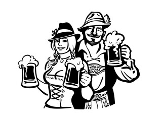 Man and woman in Bavarian costumes hold beer mugs.