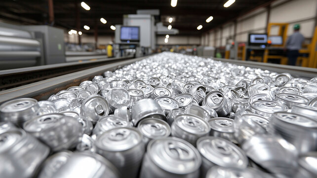Crushed Aluminum Cans on Conveyor Belt in Recycling Facility