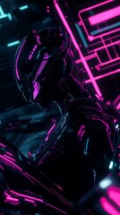 Fototapeta premium Futuristic Cyberpunk Robot with Neon Glow: 3D Render of AI in Sci-Fi Digital Landscape